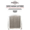 REBEL Curved Magnum precision cartridges with logo, divider, needle grouping, and front-view cartridge tip on white background.