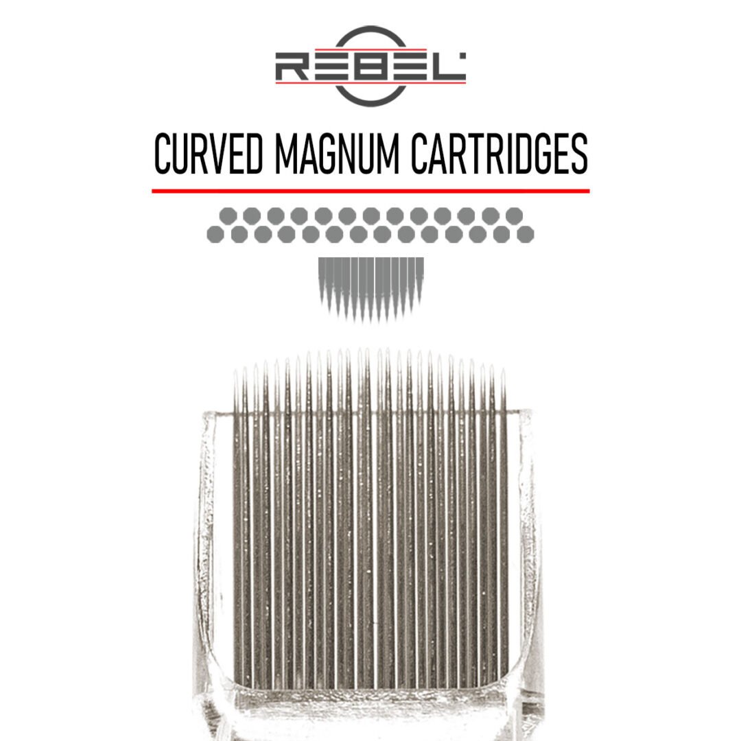 REBEL Curved Magnum precision cartridges with logo, divider, needle grouping, and front-view cartridge tip on white background.