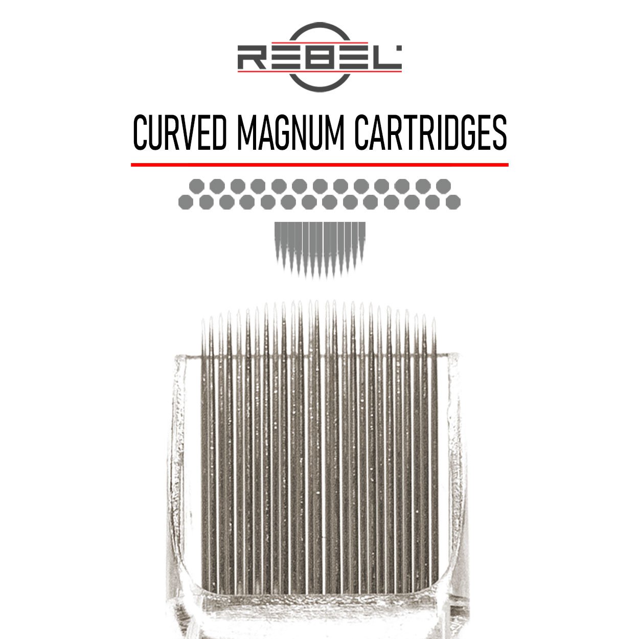 REBEL Curved Magnum precision cartridges with logo, divider, needle grouping, and front-view cartridge tip on white background.