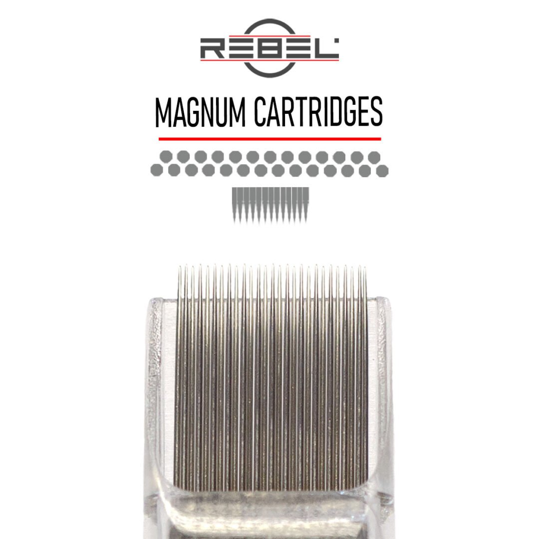 REBEL Magnum precision cartridges with logo, divider, needle grouping, and front-view cartridge tip on white background.