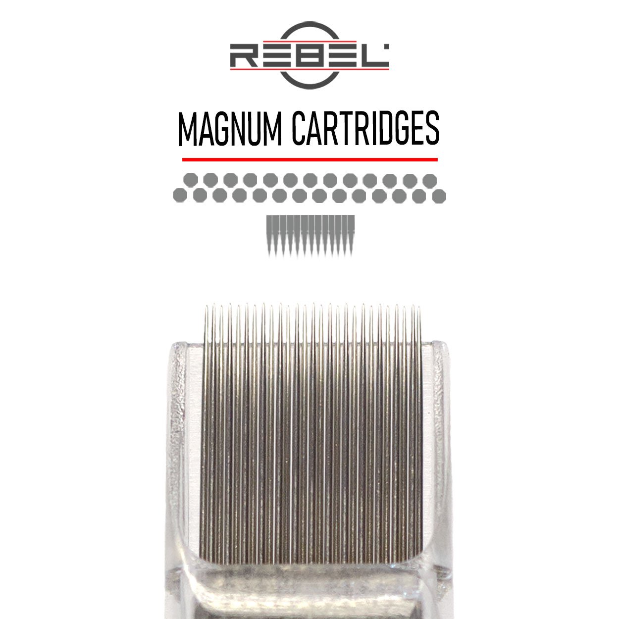 REBEL Magnum precision cartridges with logo, divider, needle grouping, and front-view cartridge tip on white background.