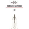 REBEL Round Liner precision cartridges with logo, divider, needle grouping, and front-view cartridge tip on white background.