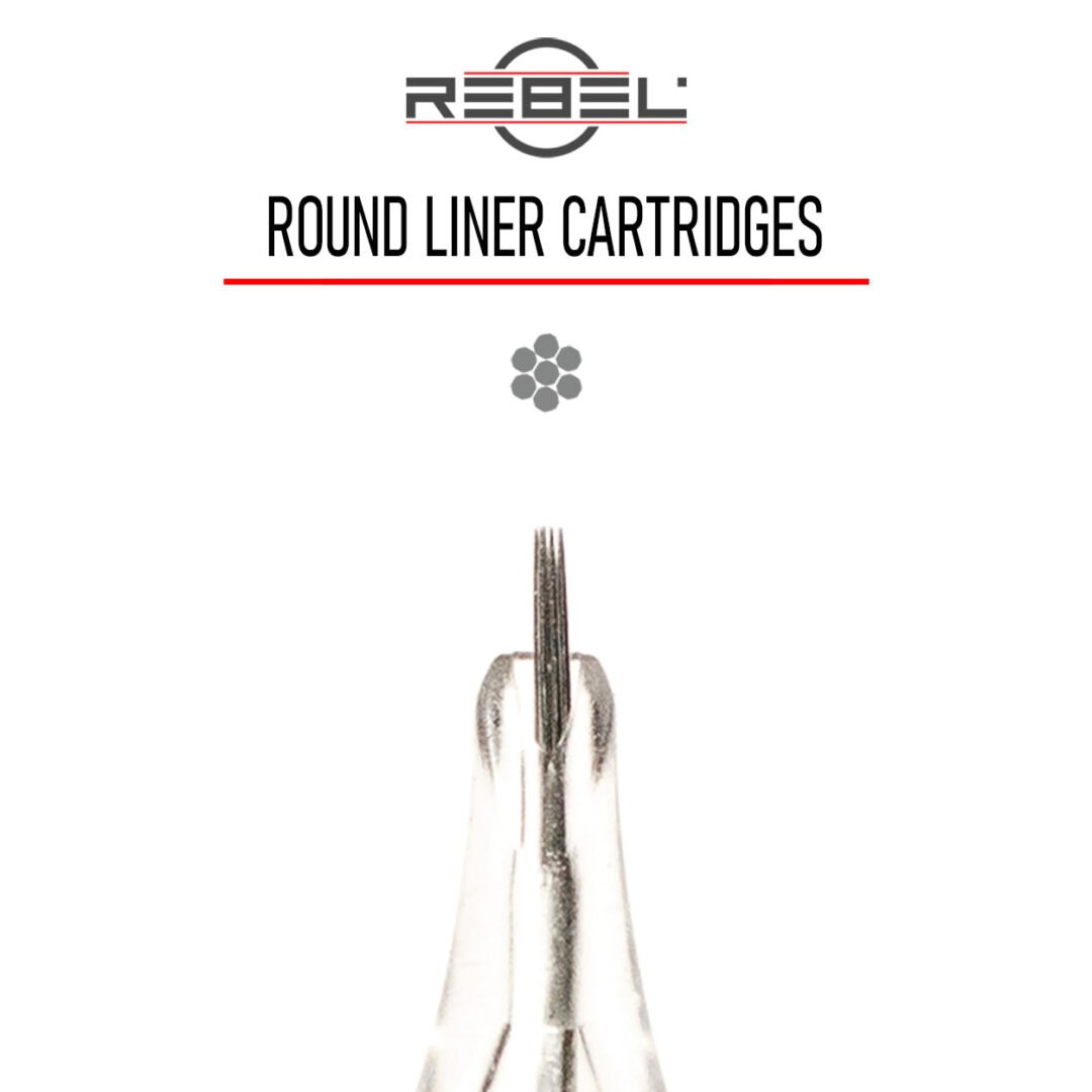 REBEL Round Liner precision cartridges with logo, divider, needle grouping, and front-view cartridge tip on white background.