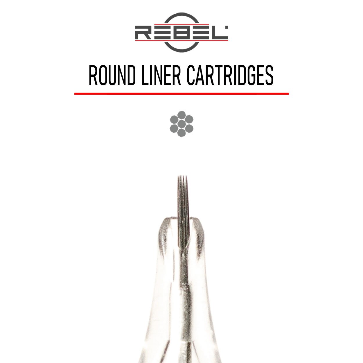 REBEL Round Liner precision cartridges with logo, divider, needle grouping, and front-view cartridge tip on white background.