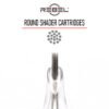 REBEL Round Shader precision cartridges with logo, divider, needle grouping, and front-view cartridge tip on white background.