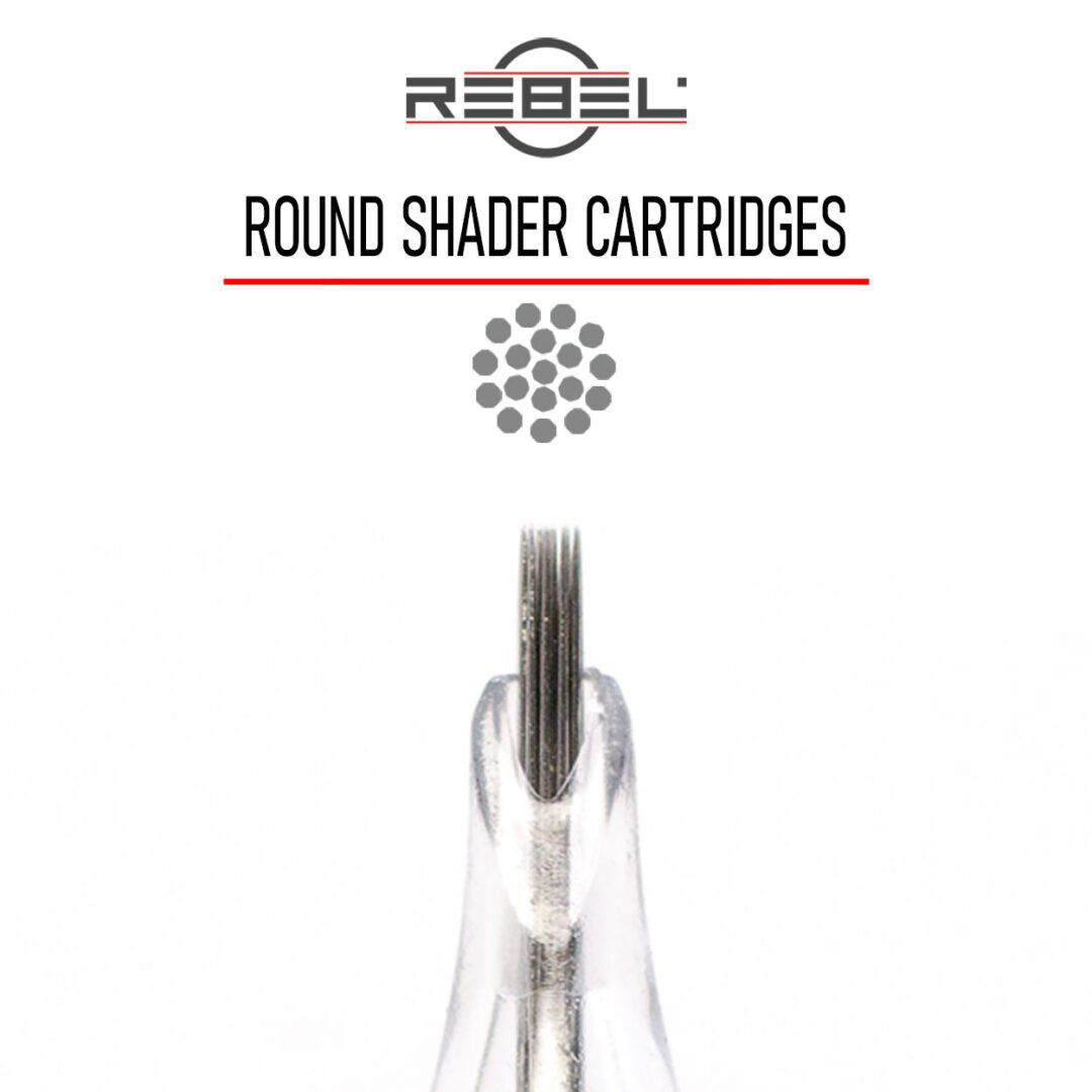 REBEL Round Shader precision cartridges with logo, divider, needle grouping, and front-view cartridge tip on white background.