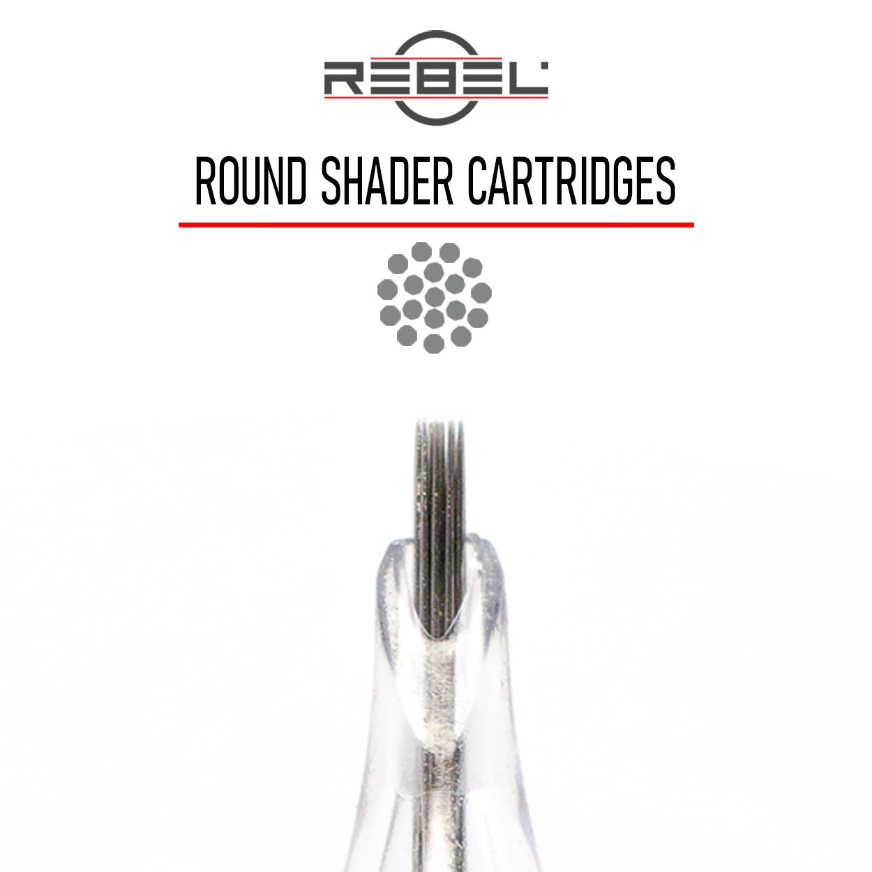 REBEL Round Shader precision cartridges with logo, divider, needle grouping, and front-view cartridge tip on white background.