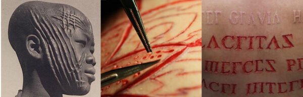 Scarification art with African primitive tools and modern scalpel technique compared to tattoo needle precision.