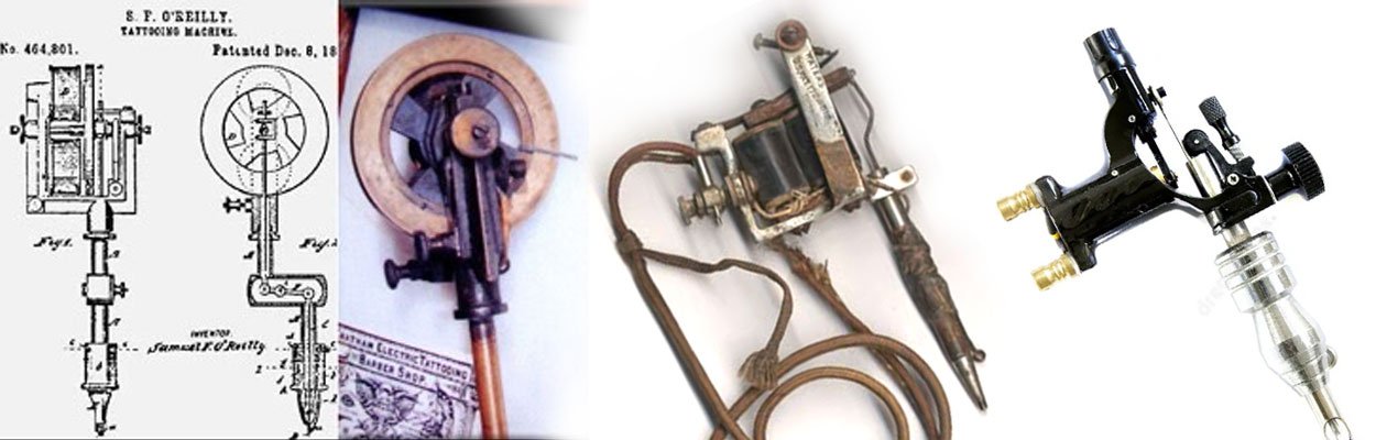 Tattoo machine evolution from O’Reilly’s first patent to early coil machines and modern rotary, shaping tattoo needle performance