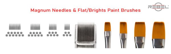 Magnum tattoo needle types compared to artist Flat/Brights paint brushes – REBEL educational graphic