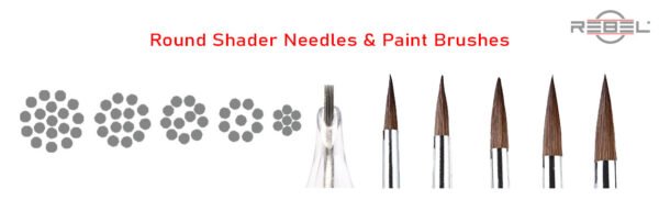 Round shader tattoo needle types compared to artist round paint brushes – REBEL educational graphic