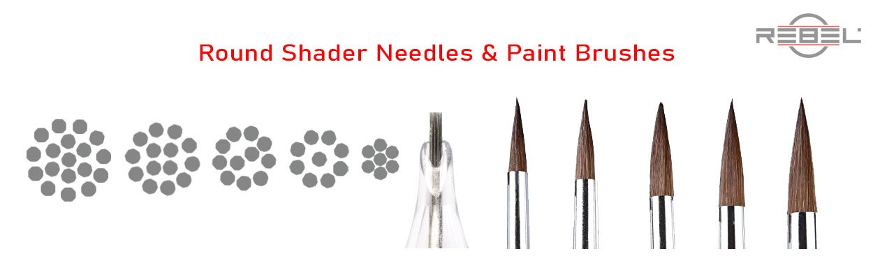 Round shader tattoo needle types compared to artist round paint brushes – REBEL educational graphic