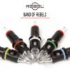 Band of REBELS on five tattoo cartridges with colorful silicone bands, bicolor REBEL logo on white background.