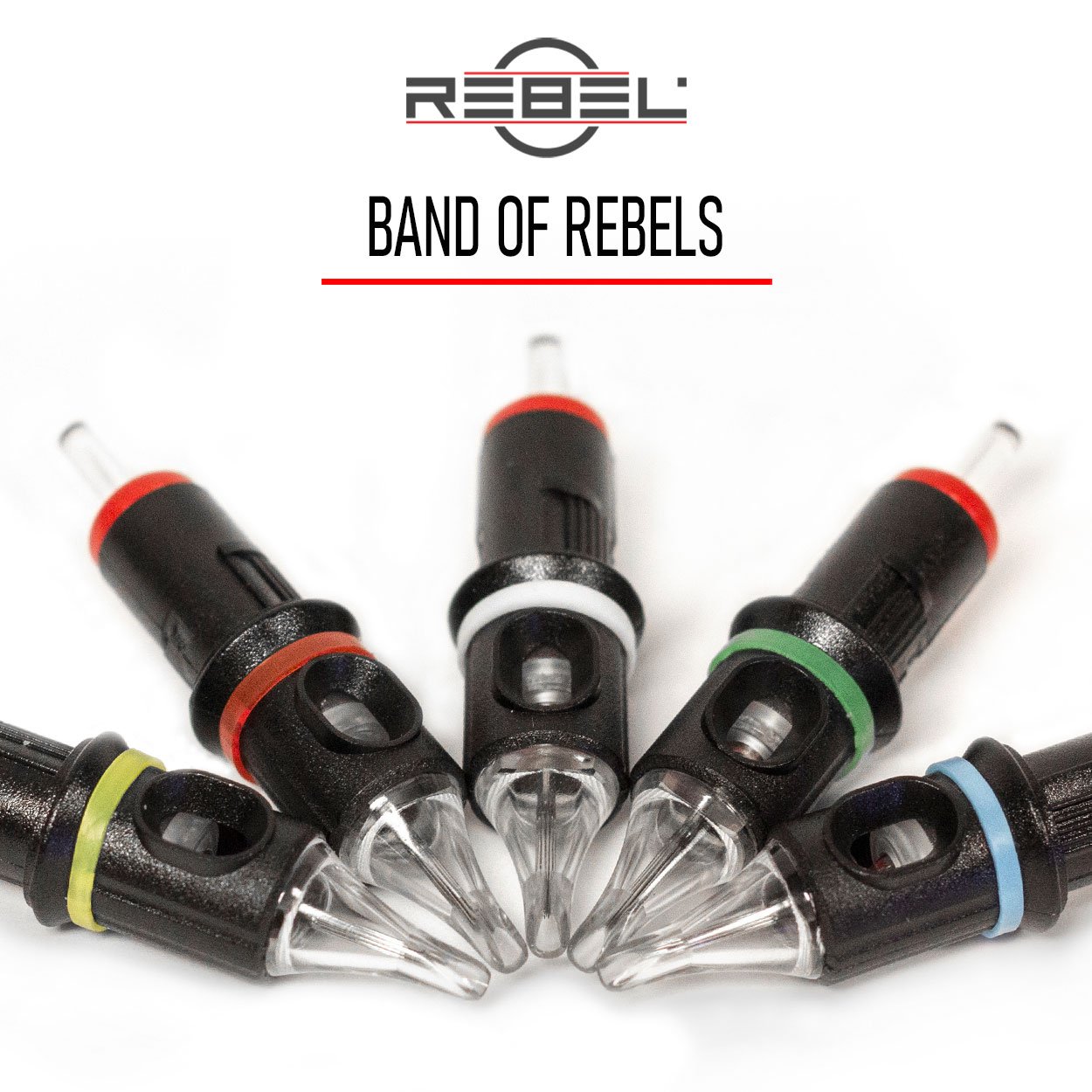 Band of REBELS on five tattoo cartridges with colorful silicone bands, bicolor REBEL logo on white background.