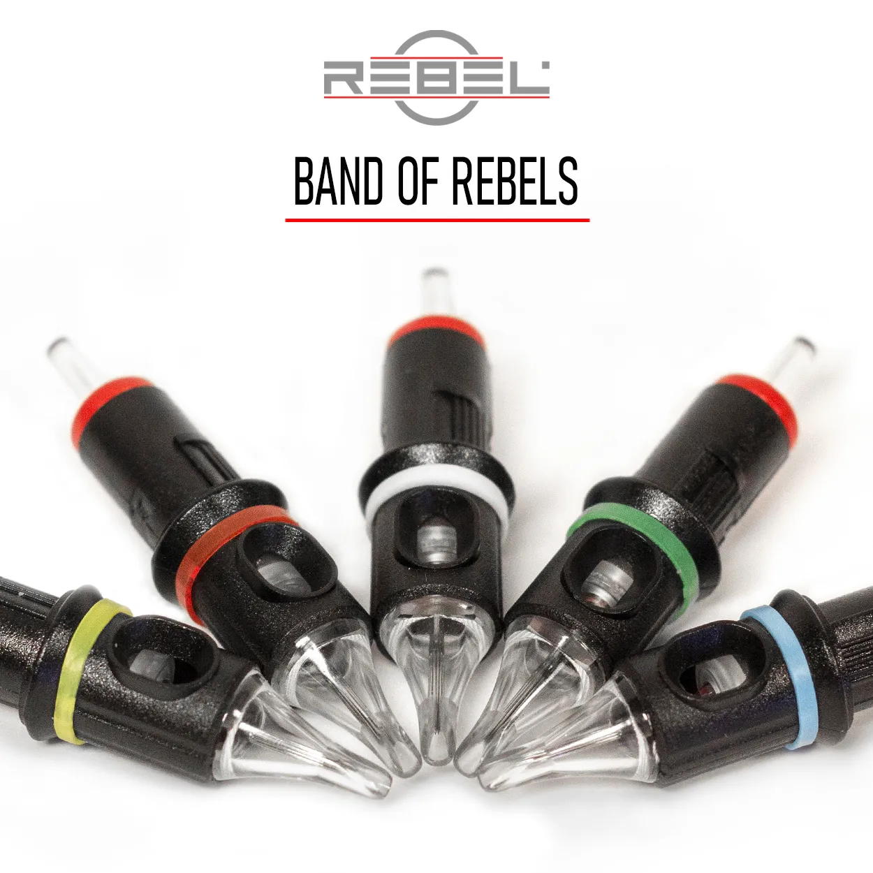 Band of REBELS tattoo cartridge identification bands in multiple colors