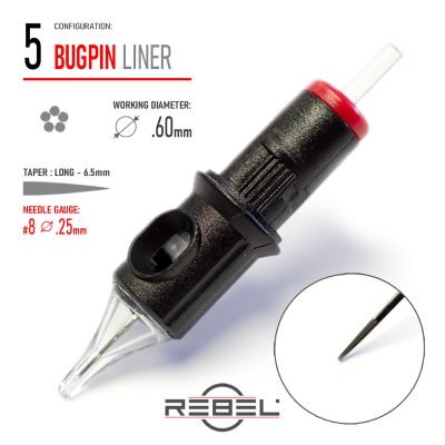 REBEL Precision Bugpin Round Liner cartridge, 5-needle #8 (0.25mm) long taper, 0.6mm working diameter.