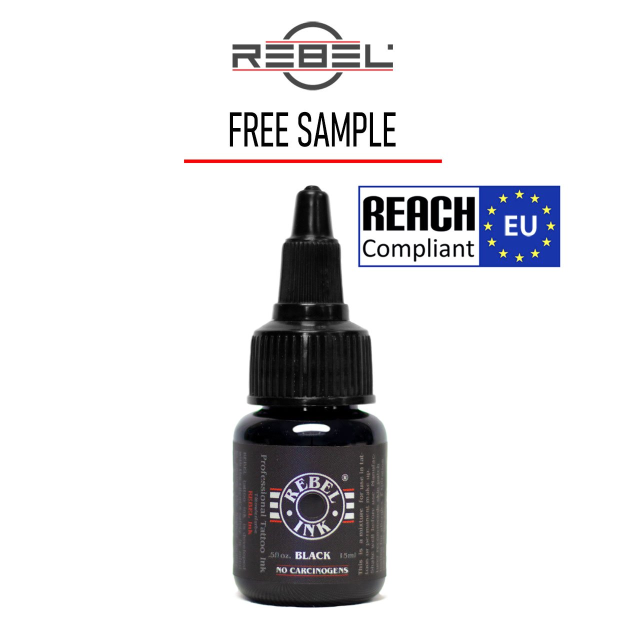 Free Sample REBEL 0.5 oz black tattoo ink bottle — front view on a white background with REBEL logo and compliance badge
