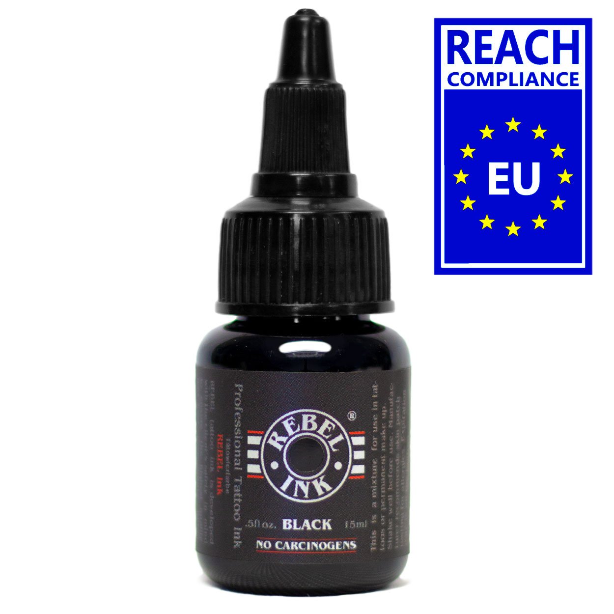 Front view of 0.5 oz REBEL Black Professional Tattoo Ink bottle with black label, red accents, and REACH EU compliance badge on white background.