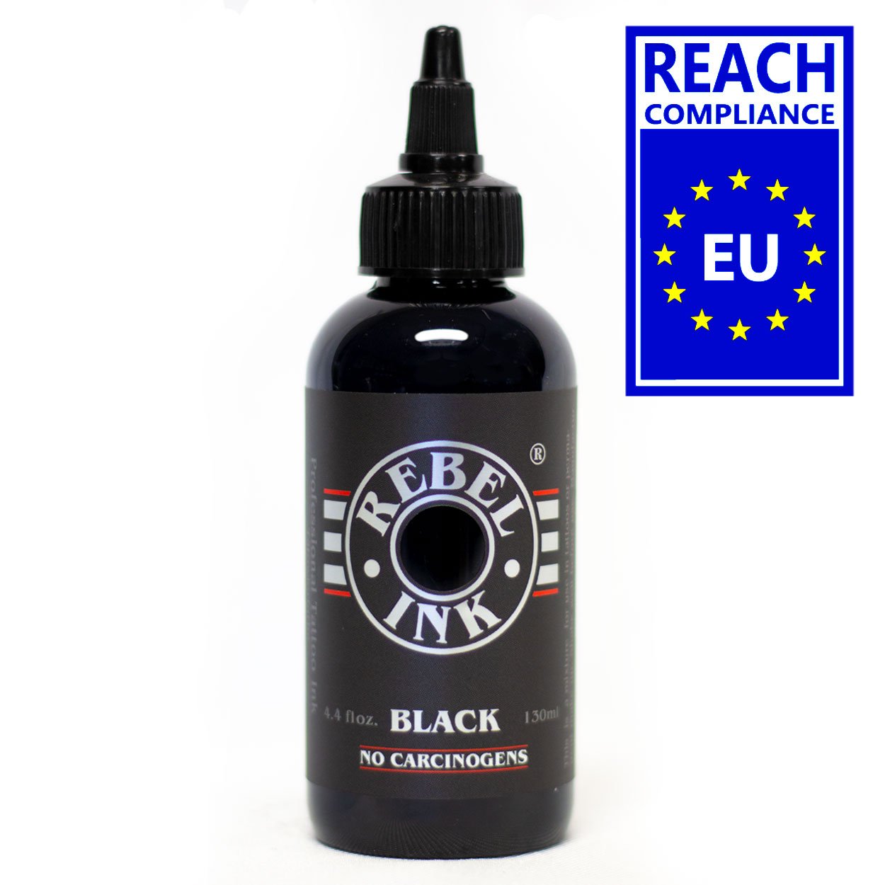 Front view of a 4.4 oz (130ml) REBEL Black tattoo ink bottle on a white background, with a black label featuring the REBEL logo, full EU-compliant information, and the REACH certified EU logo. The REACH logo is also emphasized separately in the top-right corner of the image for marketing impact.