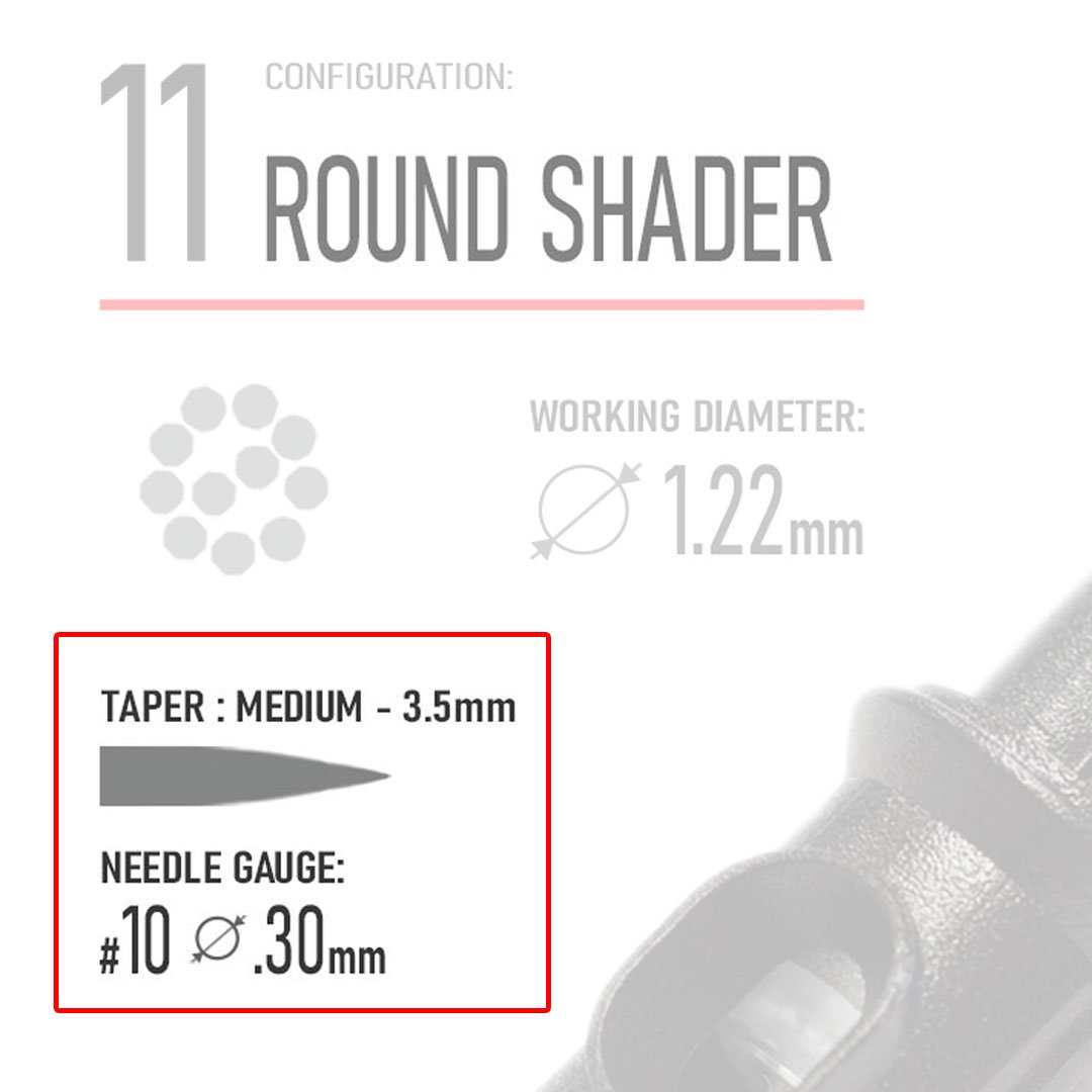 Closeup of REBEL11 Round Shader cartridge label showing needle type name, taper type, and gauge details