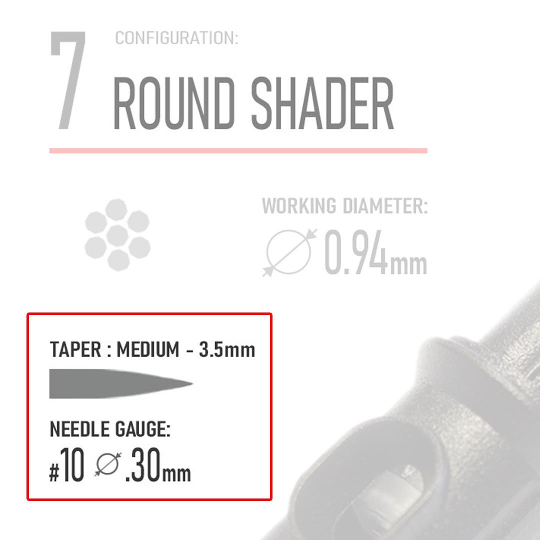 Closeup of REBEL 7 Round Shader cartridge label showing needle type name, taper type, and gauge details