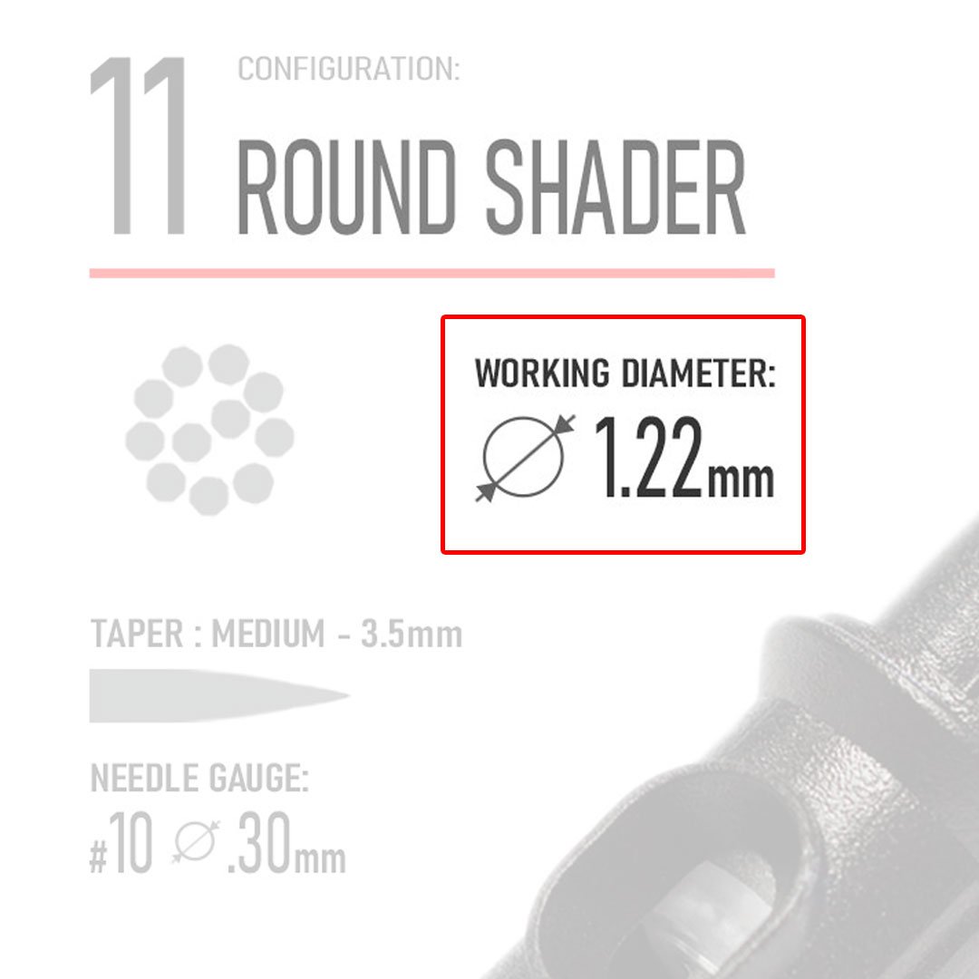 Closeup of REBEL 11 round shader cartridge highlighting needle type and working diameter