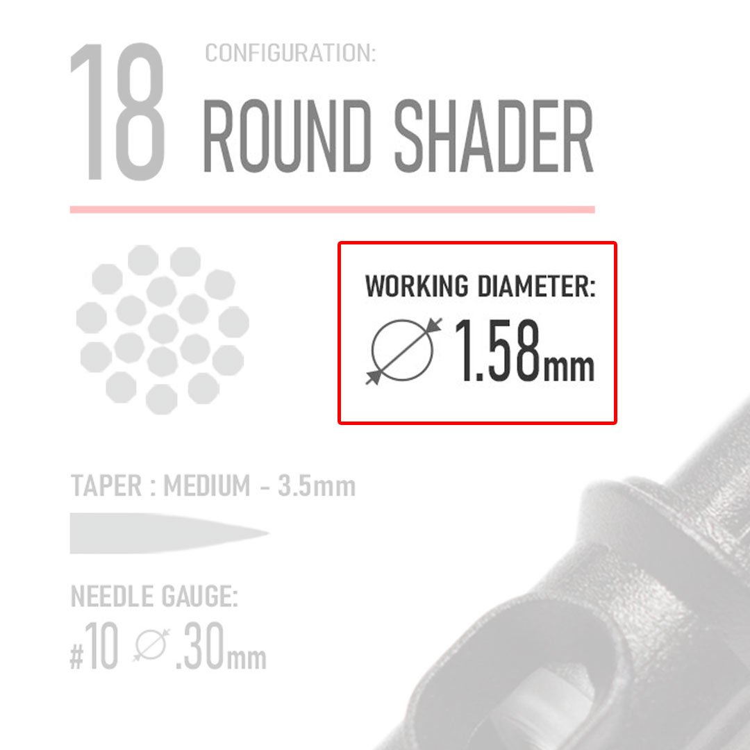 Closeup of REBEL 18 round shader cartridge highlighting needle type and working diameter