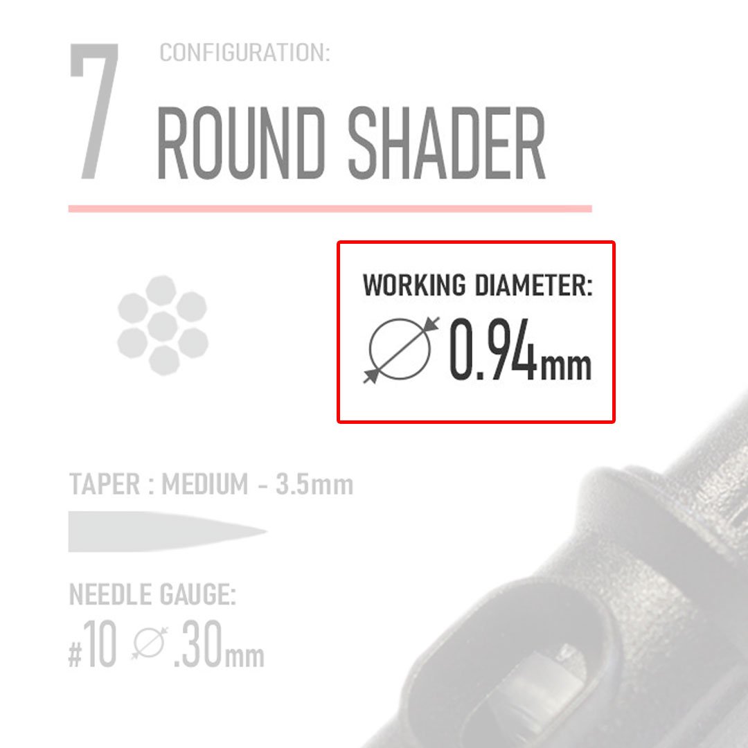 Closeup of REBEL 7 round shader cartridge highlighting needle type and working diameter