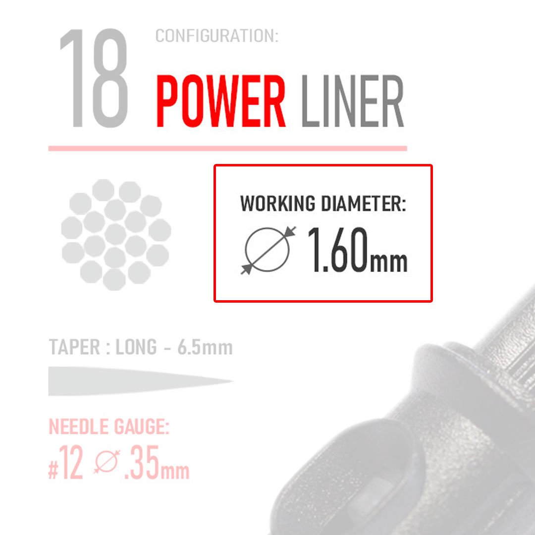 Closeup of REBEL POWER liner cartridge showing needle type and working diameter, with background faded