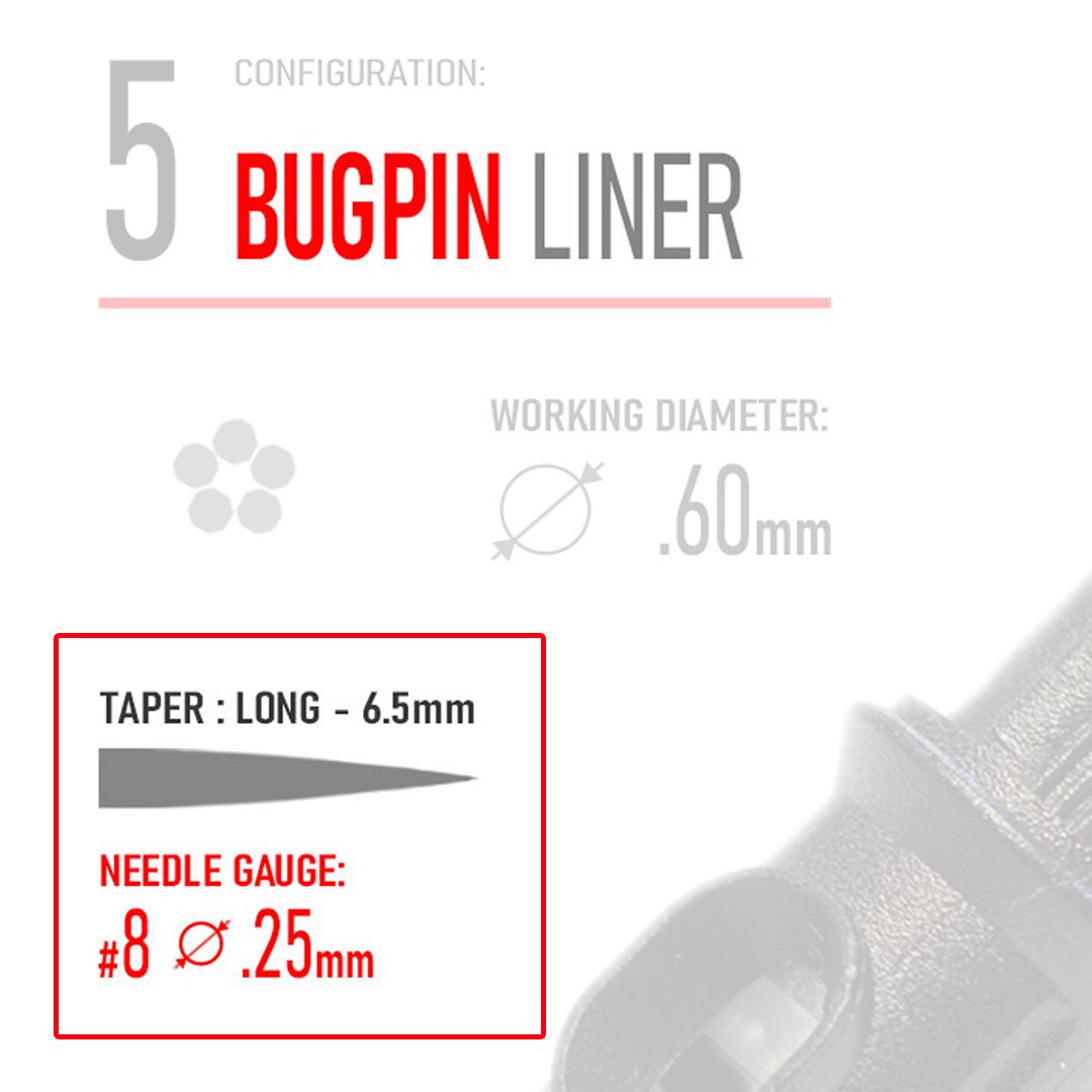 Closeup of REBEL Bugpin Liner cartridge label showing needle type name, taper type, and gauge details