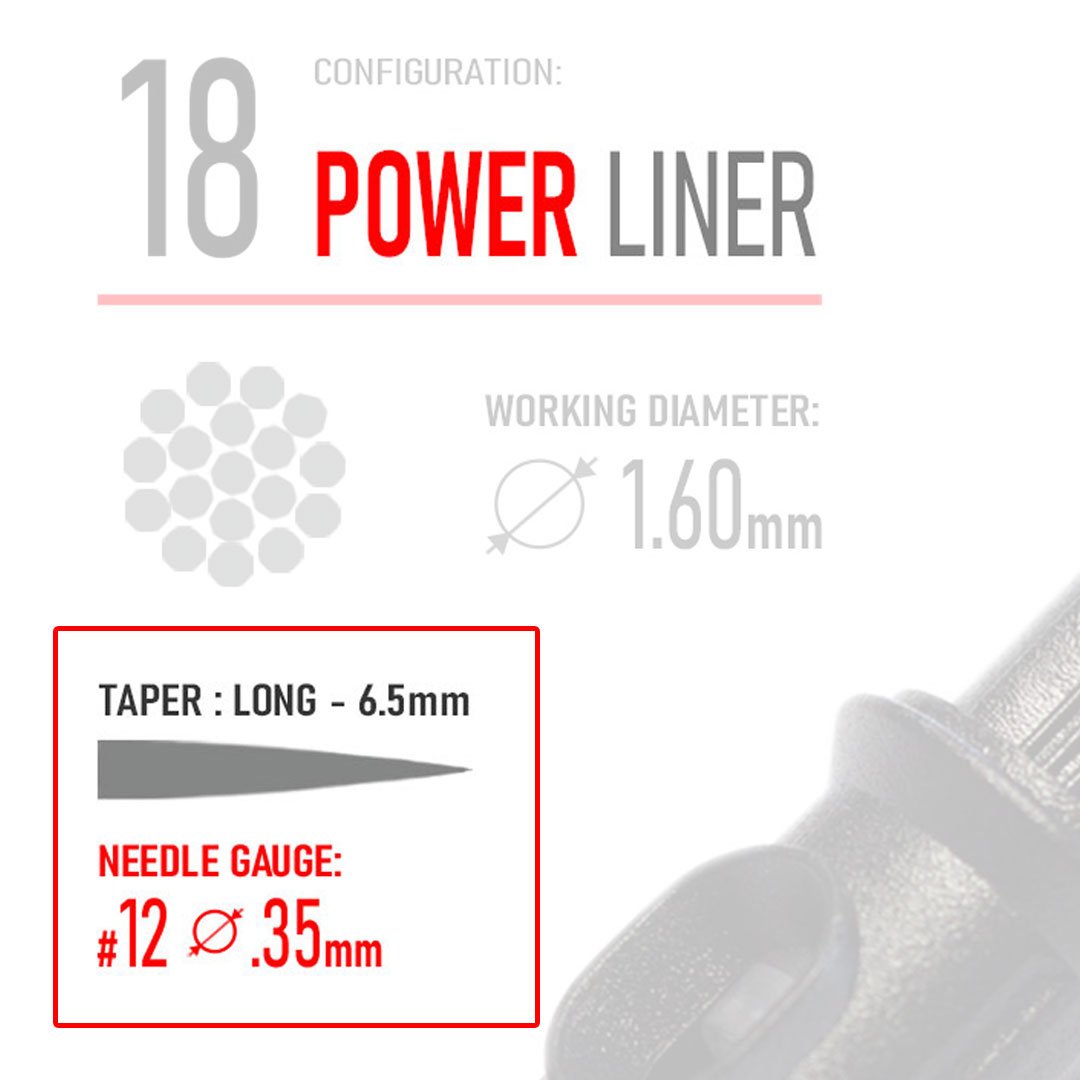 Closeup of REBEL Power Liner cartridge label showing needle type name, taper type, and gauge details