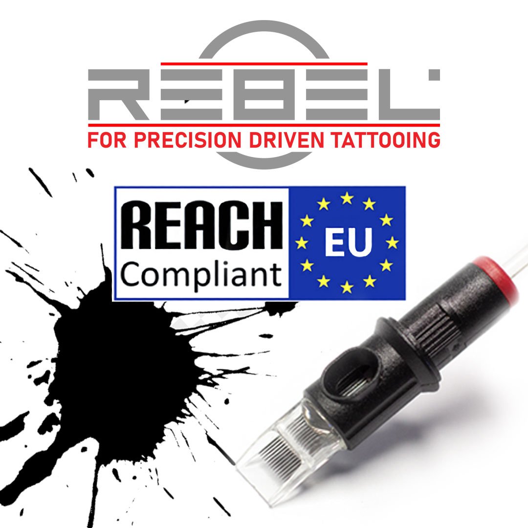 REBEL logo, REACH EU Compliant badge, black ink splash, and precision tattoo cartridge on white background