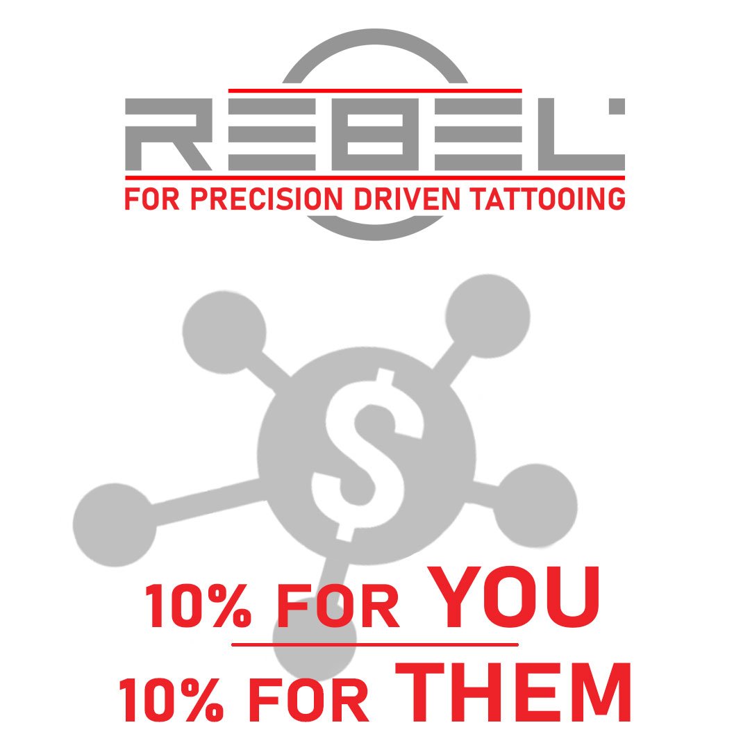 REBEL Referral Program image showing REBEL logo, a dollar icon, and bold red text reading 10% for you, 10% for them