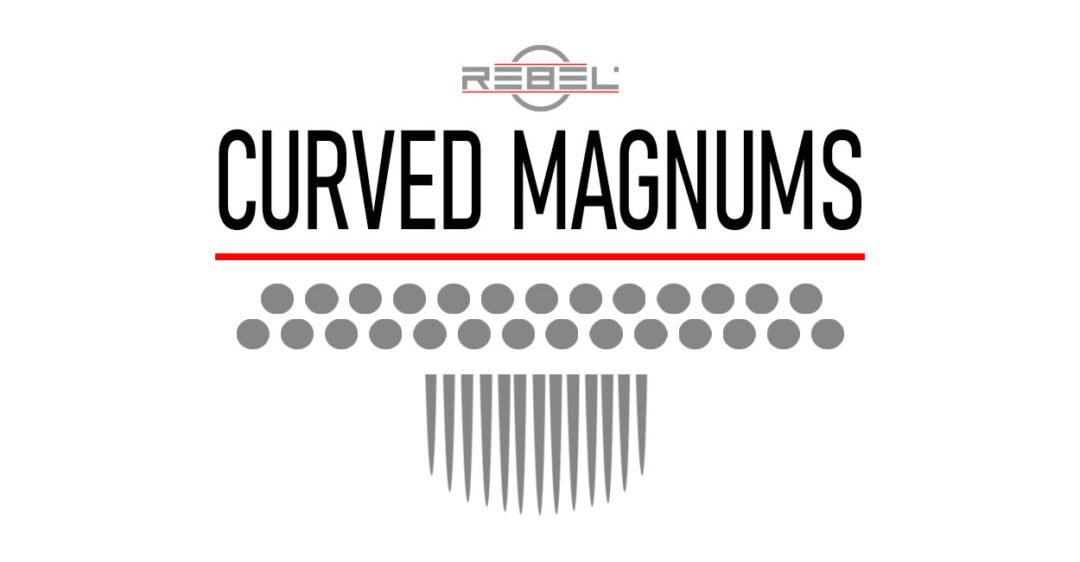 CURVED MAGNUMS tattoo needle type – REBEL grouping image with logo, red divider line, and gray circles