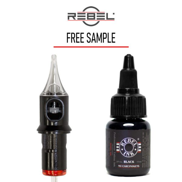 REBEL Precision cartridge and 0.5oz Black tattoo ink sample with REBEL logo and red FREE SAMPLE text on white background