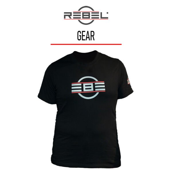 REBEL Precision Tee front view under REBEL logo and GEAR text with red underline, representing full REBEL Gear category