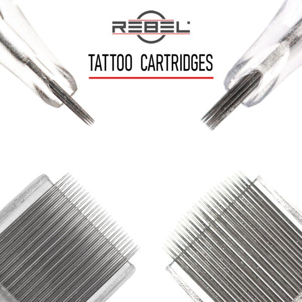 REBEL precision tattoo needle tips representing liner, shader, magnum, and curved magnum categories on white background