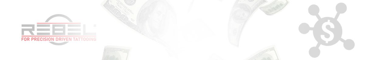 REBEL Referral Program header with faint REBEL logo, dollar symbol, and flying hundred-dollar bills on white background
