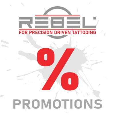 Promotional image featuring REBEL Tattoo logo, red percentage symbol, and gray ink splash highlighting convention discount offers.
