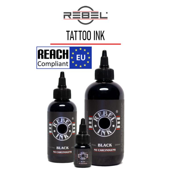 REBEL Black tattoo ink bottles in 0.5oz, 4.4oz, and 8.5oz sizes with REACH EU badge and red underline on white background