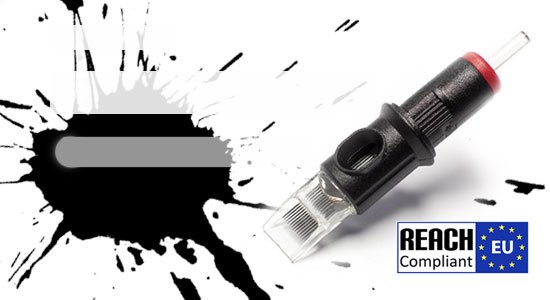 Newsletter signup design with REBEL Black Ink splash, precision cartridge, and REACH-compliant EU badge.