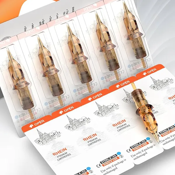 Five tattoo cartridges sealed in blister packaging with printed backing