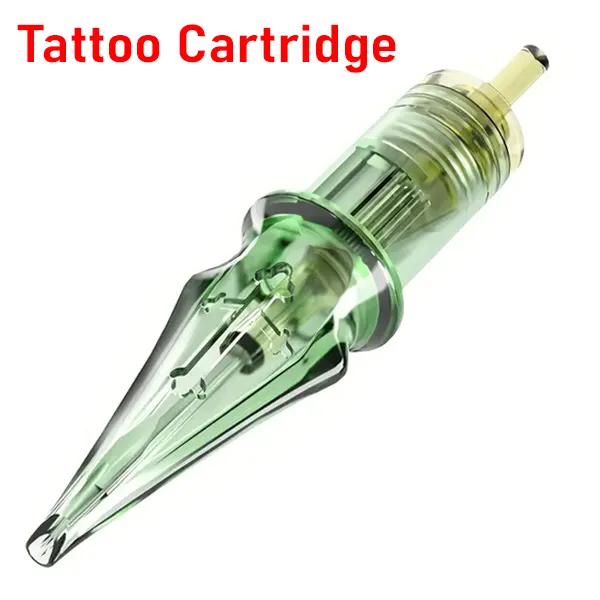 Tattoo cartridge fully assembled with green housing and yellow plunger rod
