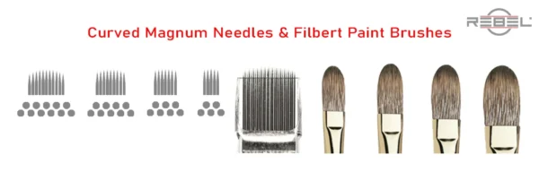 Curved Magnum tattoo needle types compared to artist Filbert paint brushes – REBEL educational graphic