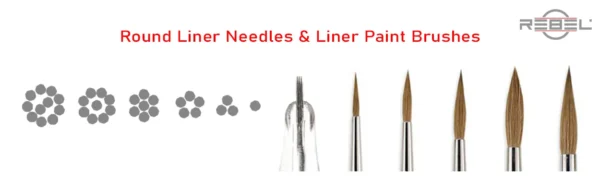 Round liner tattoo needle types compared to artist liner paint brushes – REBEL educational graphic.