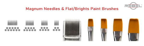 Magnum tattoo needle types compared to artist Flat/Brights paint brushes – REBEL educational graphic