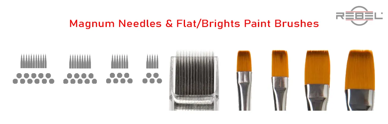 Magnum tattoo needle types compared to artist Flat/Brights paint brushes – REBEL educational graphic