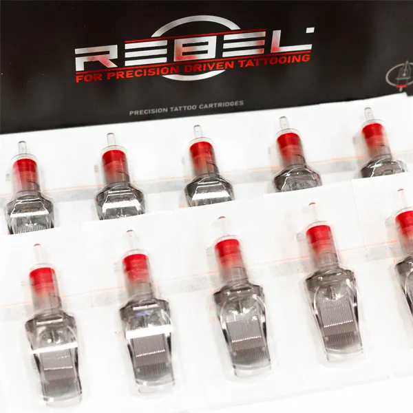 REBEL precision tattoo cartridges in sterilized blister packaging ready for professional tattooing
