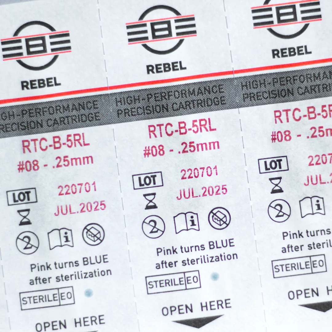 REBEL blister packaging label showing sterilization validation and batch details for tattoo cartridges