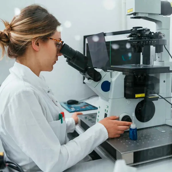 Technician inspecting tattoo needles under a high-resolution microscope for quality control in manufacturing